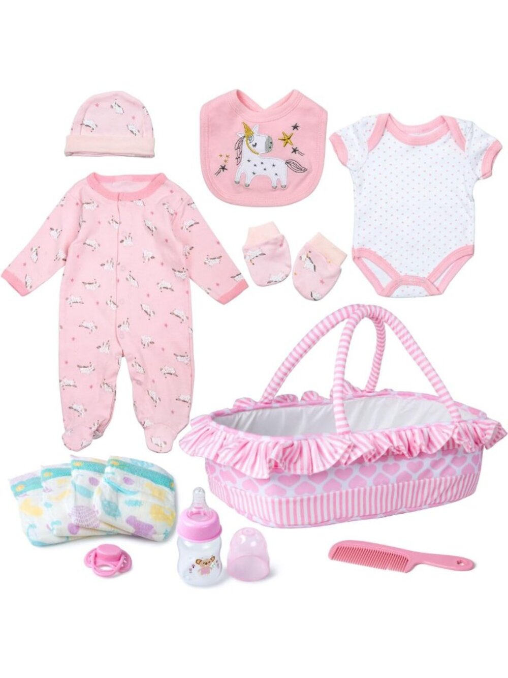 13pc Unicorn Doll Bassinet Set Clothes Diapers for 17-22in Baby Doll